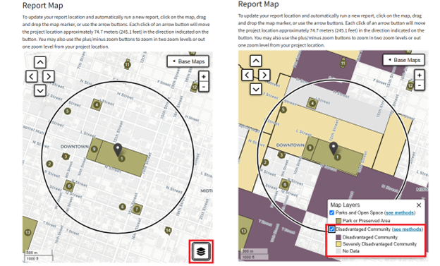 Screenshot of FactFinder Report map standard on left and with the disadvantaged community layer activated on the right